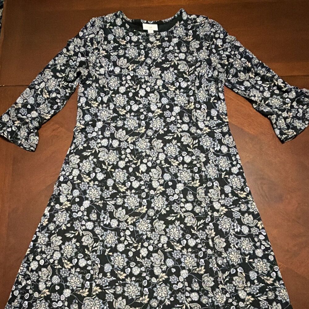 J. Jill Dress Womens Size S Black White Floral Round Neck 3/4 Flared Sleeve